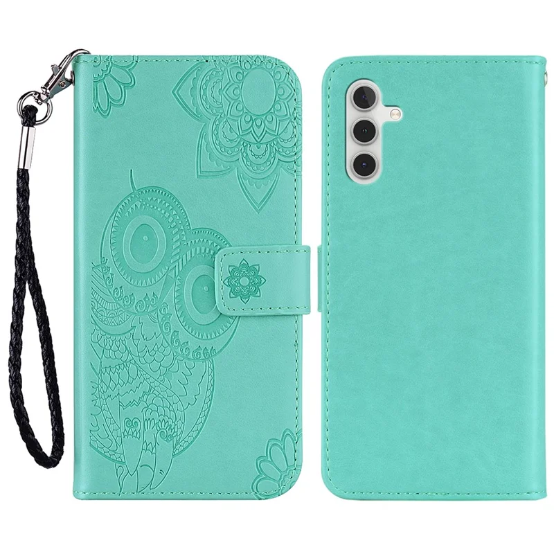 Pour Samsung Galaxy S24 Walelt Leather Case Flower Owl Imprinted Phone Cover - Cyan