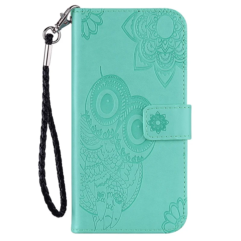 Pour Samsung Galaxy S24 Walelt Leather Case Flower Owl Imprinted Phone Cover - Cyan
