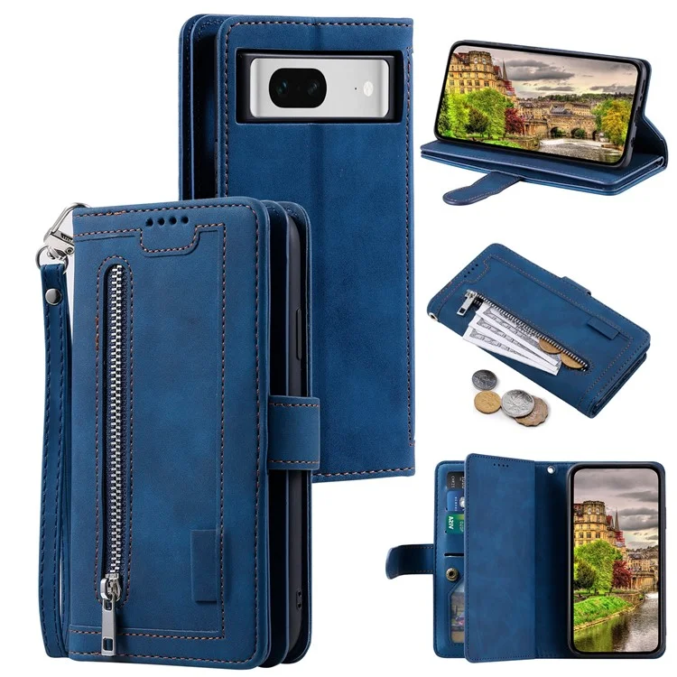 Per Google Pixel 9 / Pixel 9 Pro Custodia Portafoglio per Telefono con Cerniera in Pelle con 9 Slot per Schede - Blu