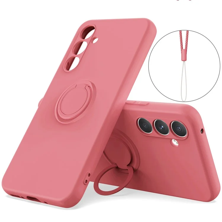 For Samsung Galaxy A55 5G Liquid Silicone Case Ring Kickstand Phone Cover with Lanyard - Wine Red