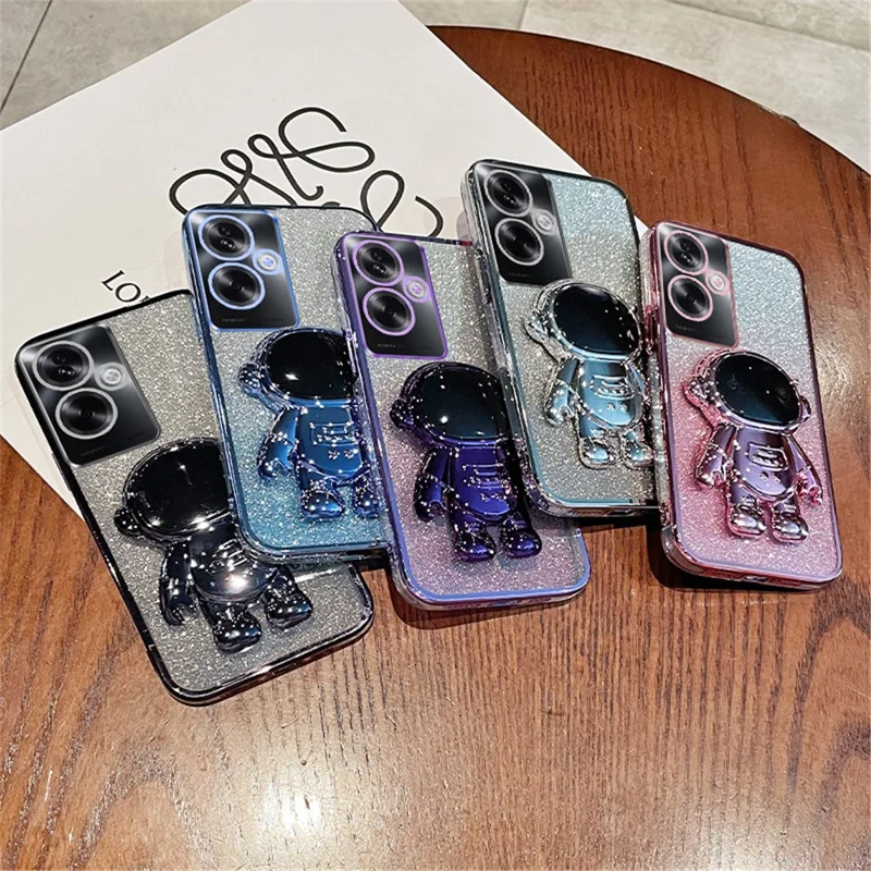 For Oppo A2 5G / A79 5G PC+TPU Glitter Astronaut Kickstand Cover Phone Case - Silver
