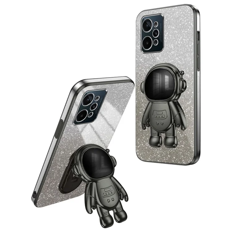 Per Realme C31 PC+TPU Case Support Kickstand Astronaut Decor Electroplating Phone Cover - Black