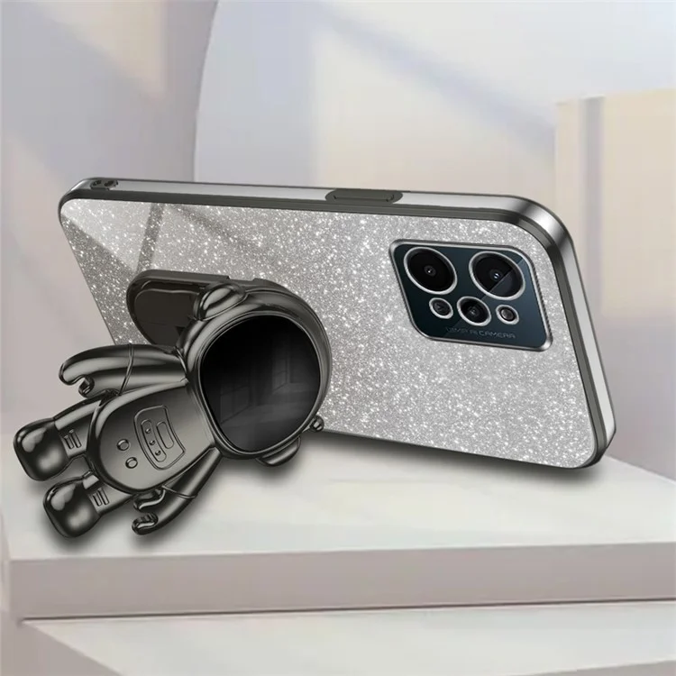 Per Realme C31 PC+TPU Case Support Kickstand Astronaut Decor Electroplating Phone Cover - Black