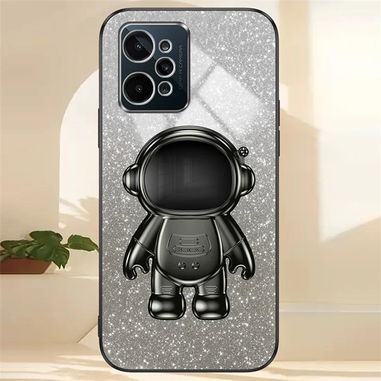 Per Realme C31 PC+TPU Case Support Kickstand Astronaut Decor Electroplating Phone Cover - Black