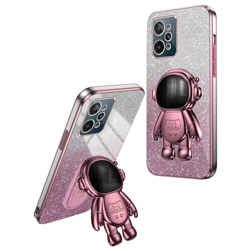 For Realme C31 PC+TPU Case Support Kickstand Astronaut Decor Electroplating Phone Cover - Pink