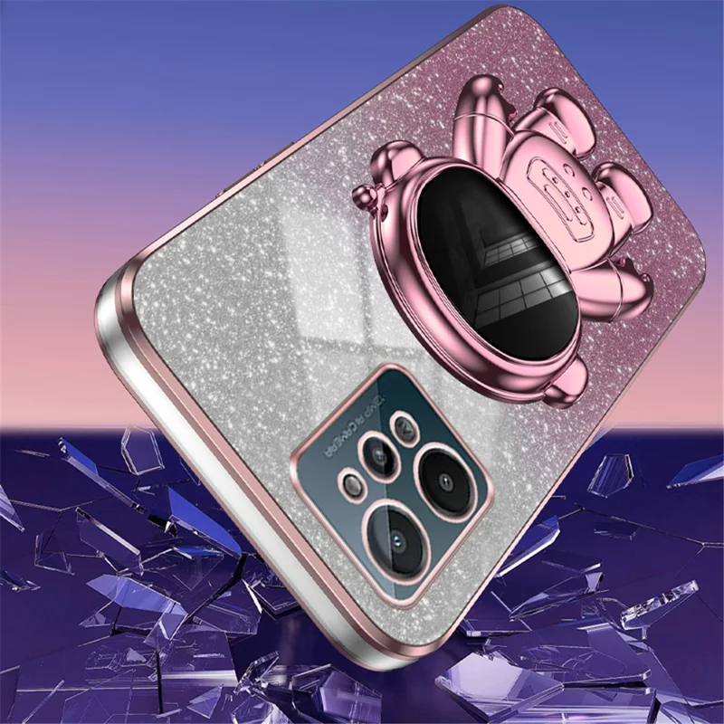 For Realme C31 PC+TPU Case Support Kickstand Astronaut Decor Electroplating Phone Cover - Pink