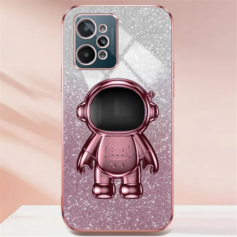 For Realme C31 PC+TPU Case Support Kickstand Astronaut Decor Electroplating Phone Cover - Pink