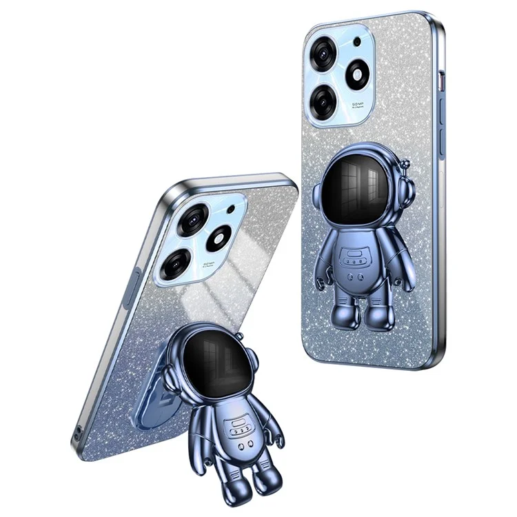 For TECNO Spark 10 Pro Case Electroplating Cartoon Astronaut Phone Back Cover Kickstand - Blue