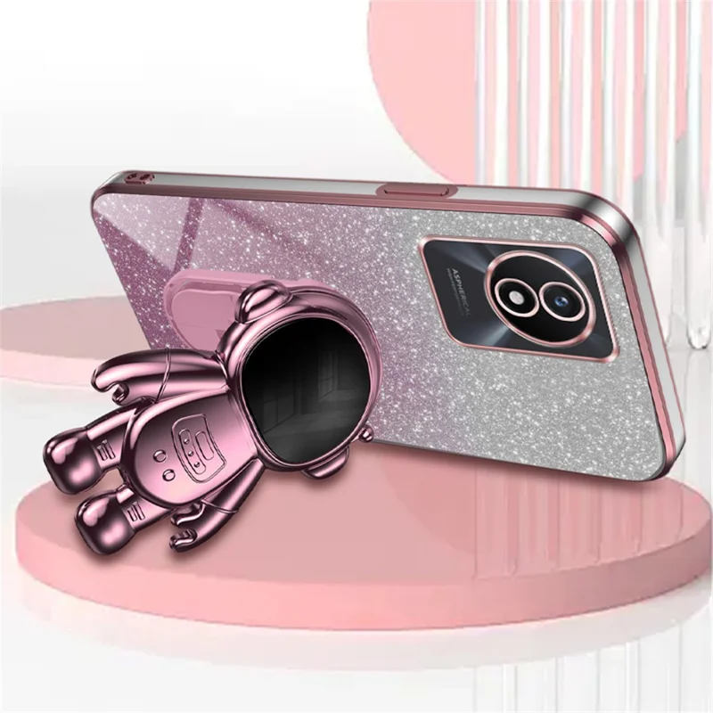 For vivo Y11 (2023) PC+TPU Case with Kickstand Shockproof Cartoon Astronaut Phone Shell - Pink