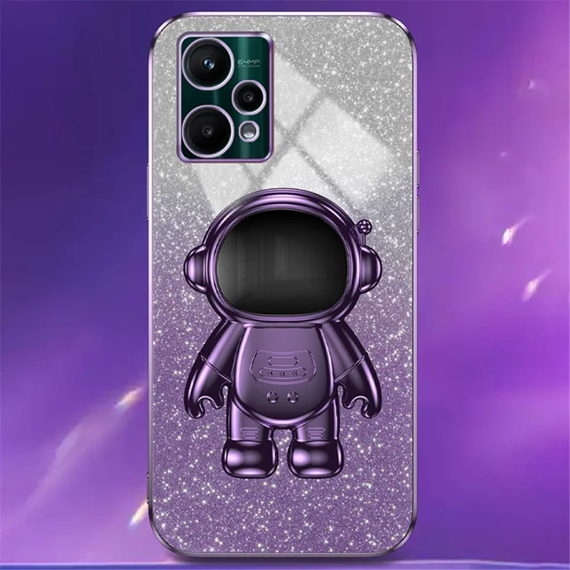 For Realme V25 / 9 Pro 5G Kickstand PC+TPU Shell Electroplating Phone Case with Cute Astronaut Decor - Purple