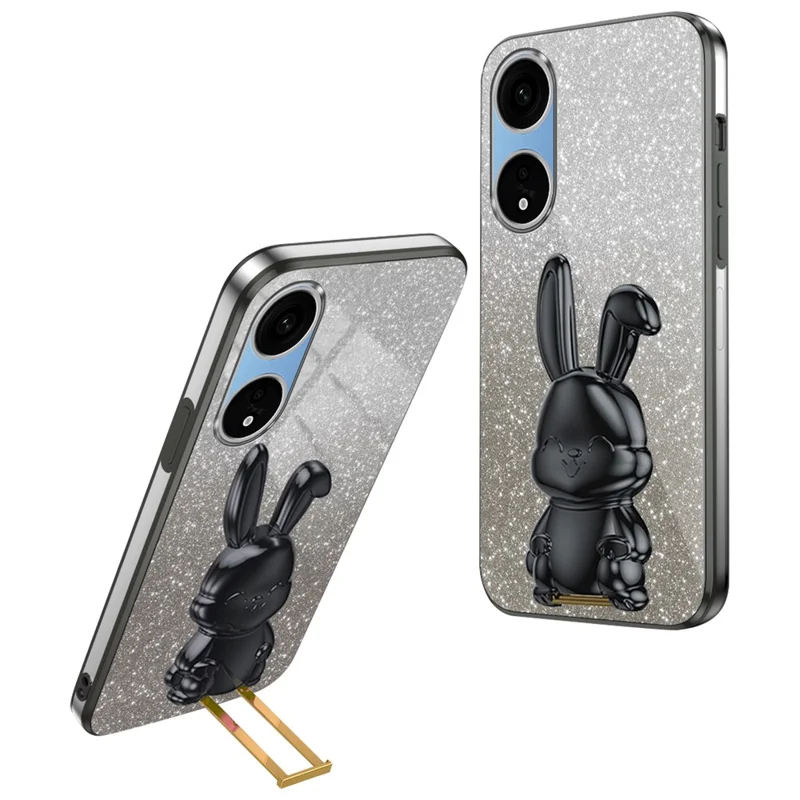 For Oppo A1 Pro 5G / Reno8 T 5G Electroplating Cellphone Case Rabbit PC+TPU Kickstand Cover - Black