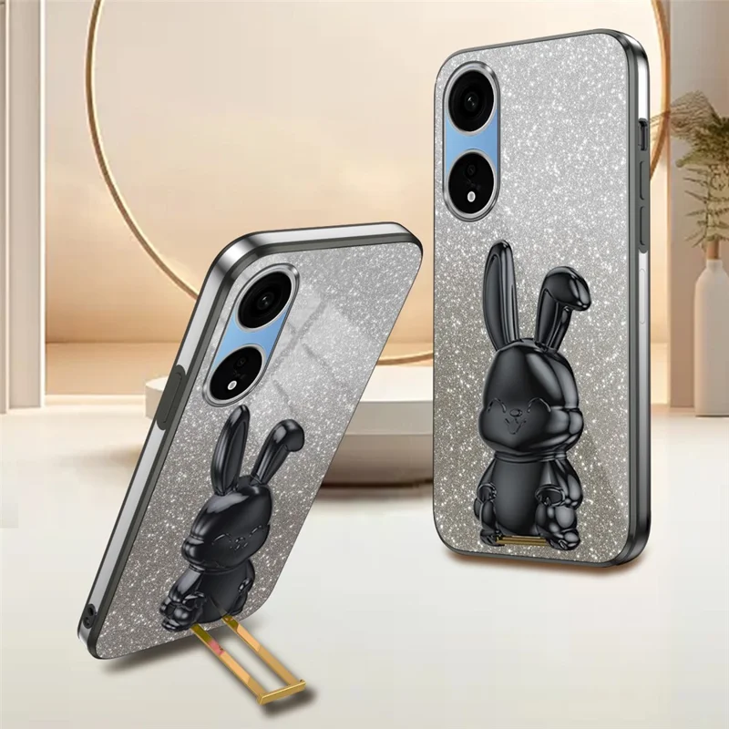For Oppo A1 Pro 5G / Reno8 T 5G Electroplating Cellphone Case Rabbit PC+TPU Kickstand Cover - Black