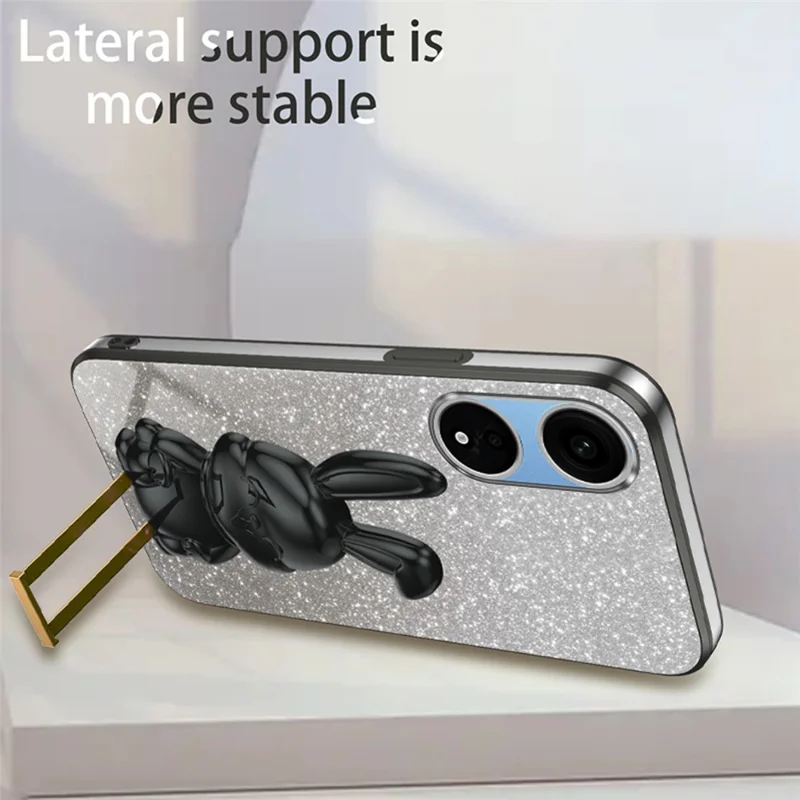 For Oppo A1 Pro 5G / Reno8 T 5G Electroplating Cellphone Case Rabbit PC+TPU Kickstand Cover - Black