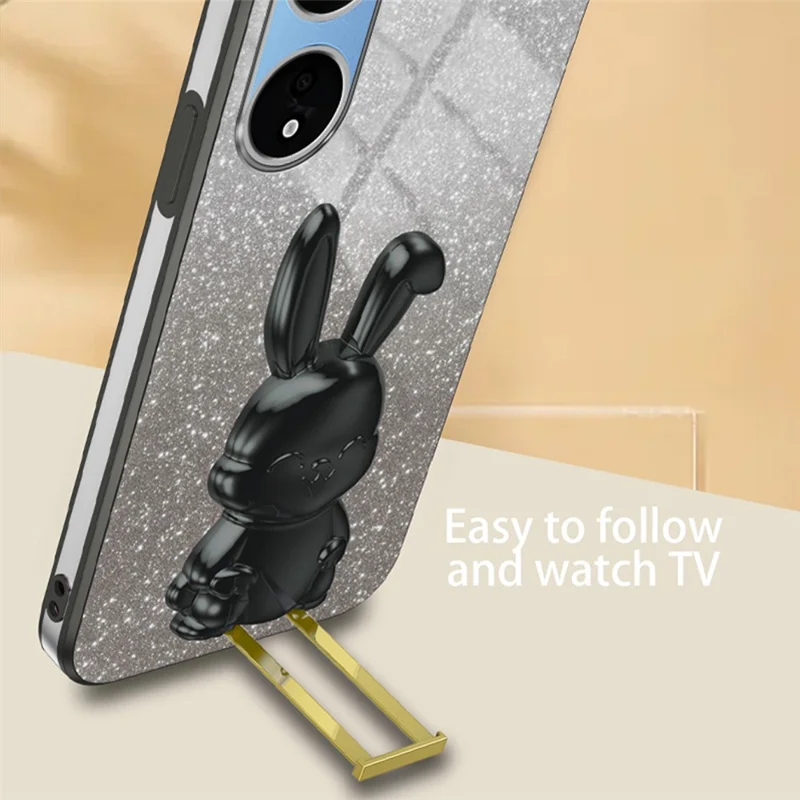 For Oppo A1 Pro 5G / Reno8 T 5G Electroplating Cellphone Case Rabbit PC+TPU Kickstand Cover - Black