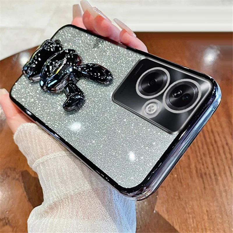 For Oppo A2 5G / A79 5G Cellphone Case Rabbit Design Electroplated PC+TPU Kickstand Cover - Black