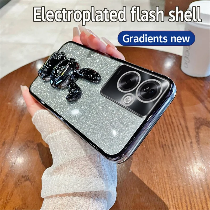 For Oppo A2 5G / A79 5G Cellphone Case Rabbit Design Electroplated PC+TPU Kickstand Cover - Black