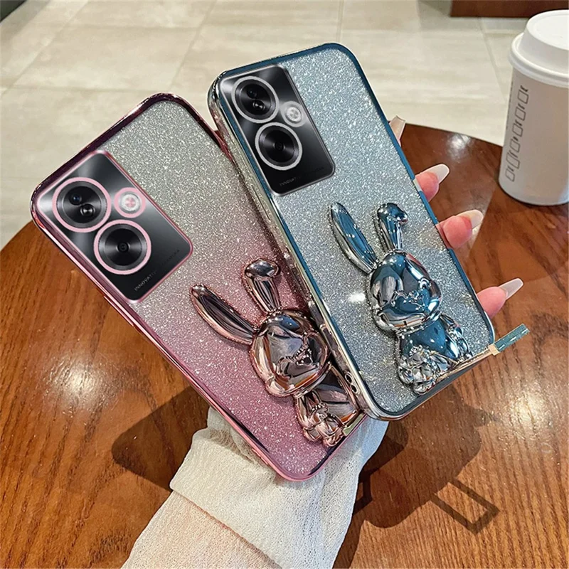 For Oppo A2 5G / A79 5G Cellphone Case Rabbit Design Electroplated PC+TPU Kickstand Cover - Black