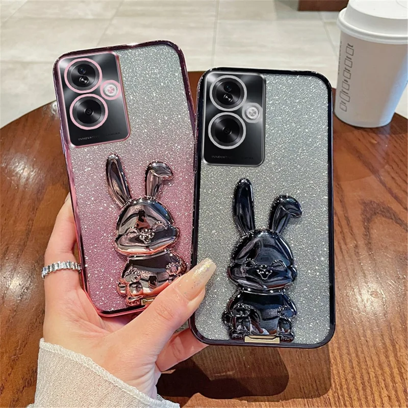 For Oppo A2 5G / A79 5G Cellphone Case Rabbit Design Electroplated PC+TPU Kickstand Cover - Pink