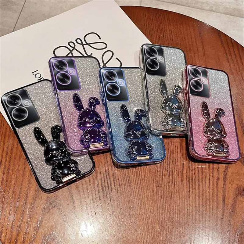 For Oppo A2 5G / A79 5G Cellphone Case Rabbit Design Electroplated PC+TPU Kickstand Cover - Pink