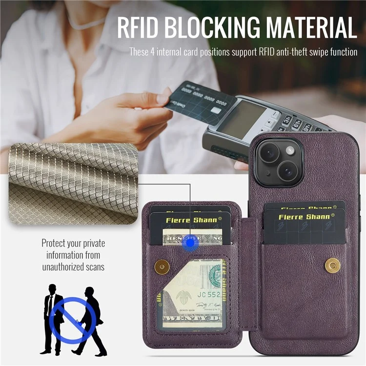 Per iPhone 15 Case Waxy Leather+TPU Cover per telefono con slot per schede RFID Blocking e supporto - Viola