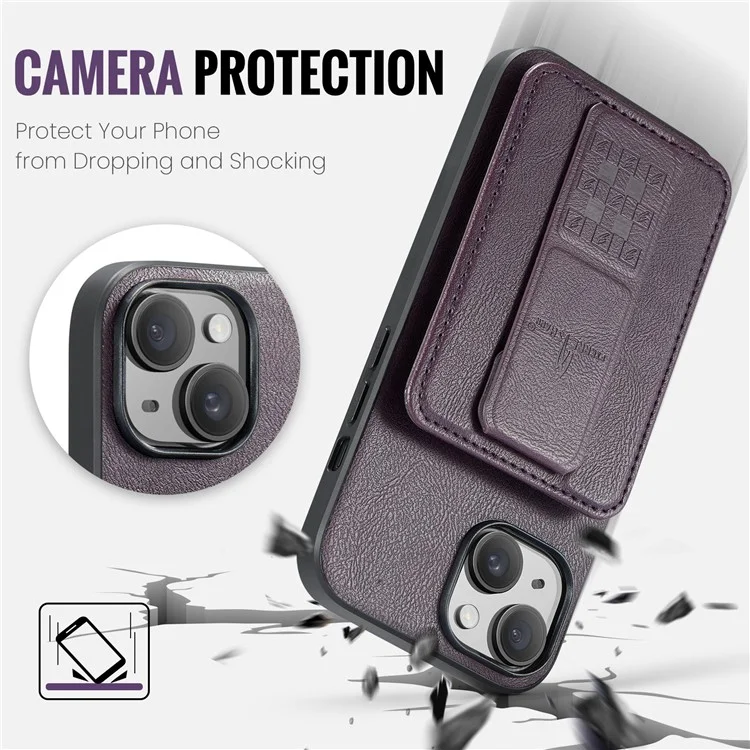 Per iPhone 15 Case Waxy Leather+TPU Cover per telefono con slot per schede RFID Blocking e supporto - Viola