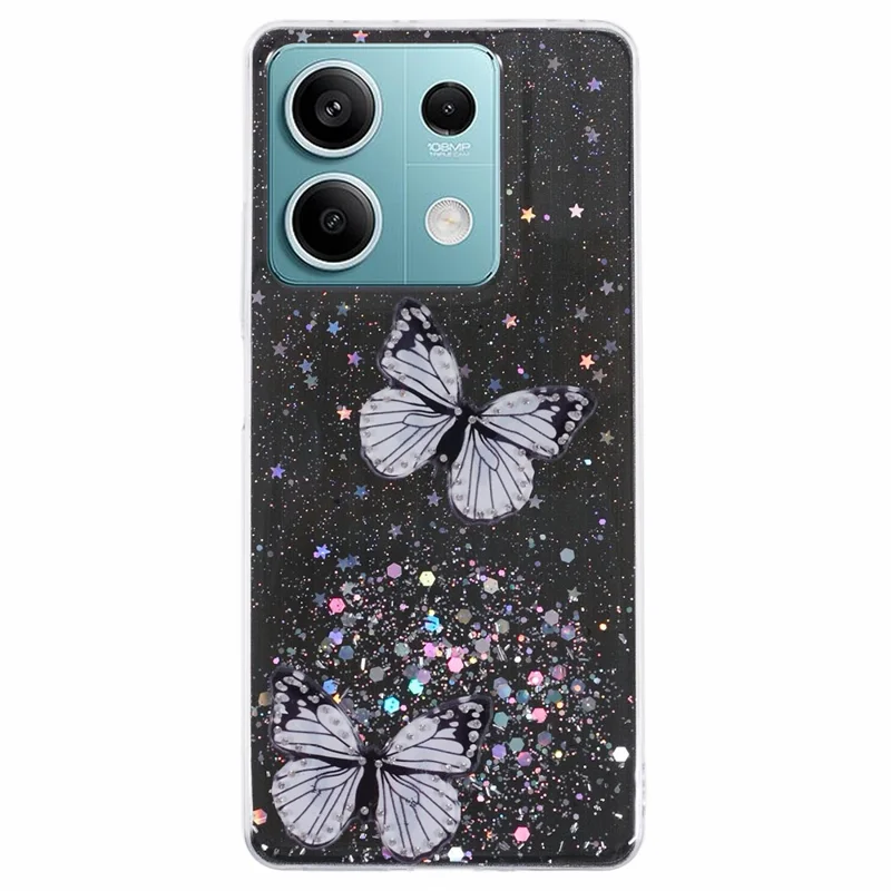 Série AW para Xiaomi Redmi Note 13 5G Capa Epoxy Padrão de Borboleta Capa de Telefone com Grande Orifício da Lente Traseira - Preto