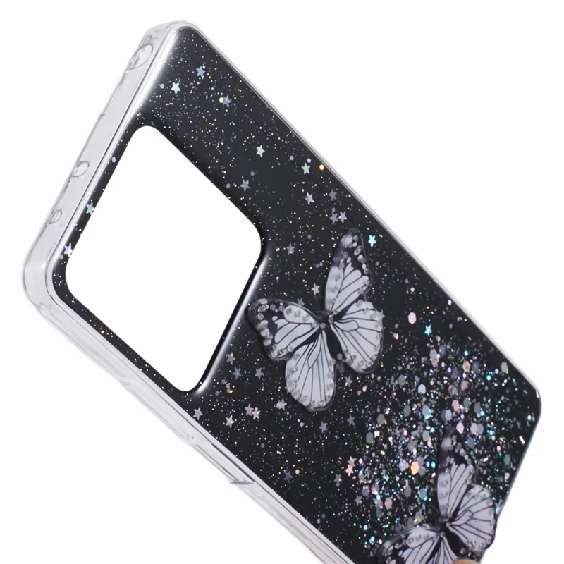 Série AW para Xiaomi Redmi Note 13 5G Capa Epoxy Padrão de Borboleta Capa de Telefone com Grande Orifício da Lente Traseira - Preto