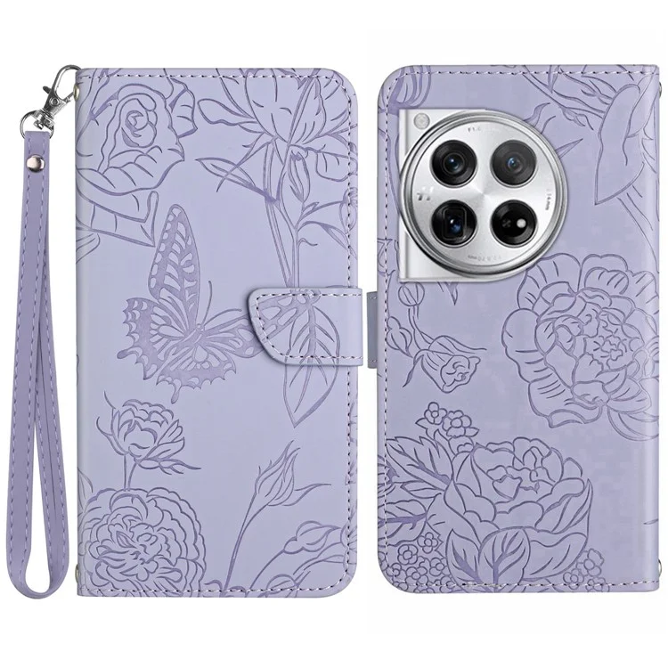 HT03 For OnePlus 12R 5G / Ace 3 5G Phone Case Imprinted Leather Cover with Hand Strap - Purple