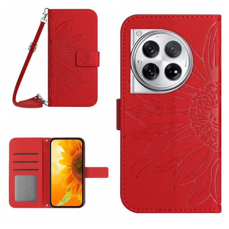 HT04 For OnePlus 12R 5G / Ace 3 5G Case Wallet Crossbody Sunflower Leather Phone Cover - Red