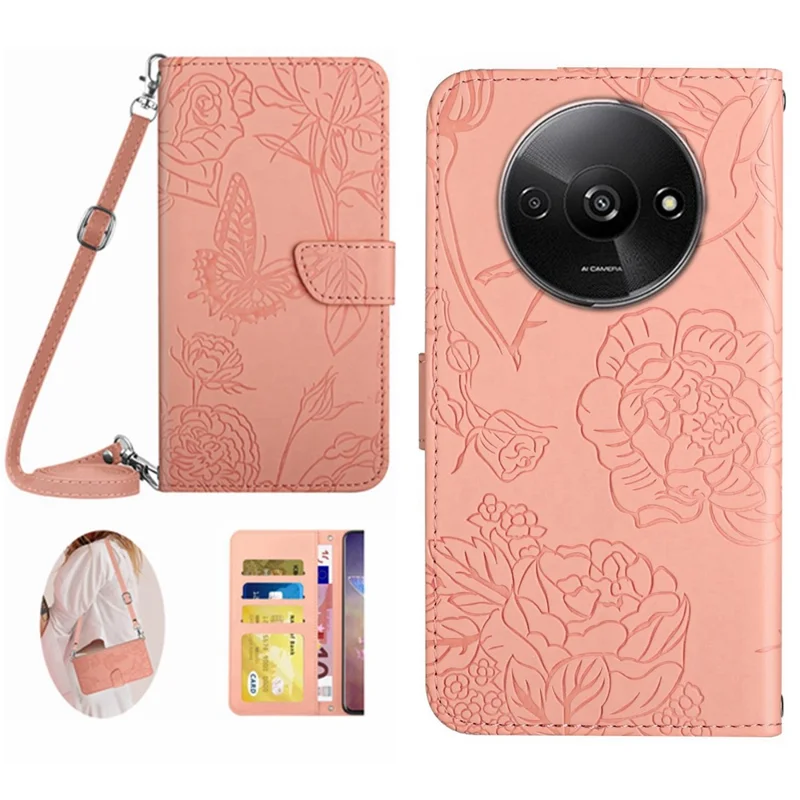 HT03 For Xiaomi Redmi A3 / Poco C61 4G Shockproof Case Imprinted Leather Phone Cover - Pink