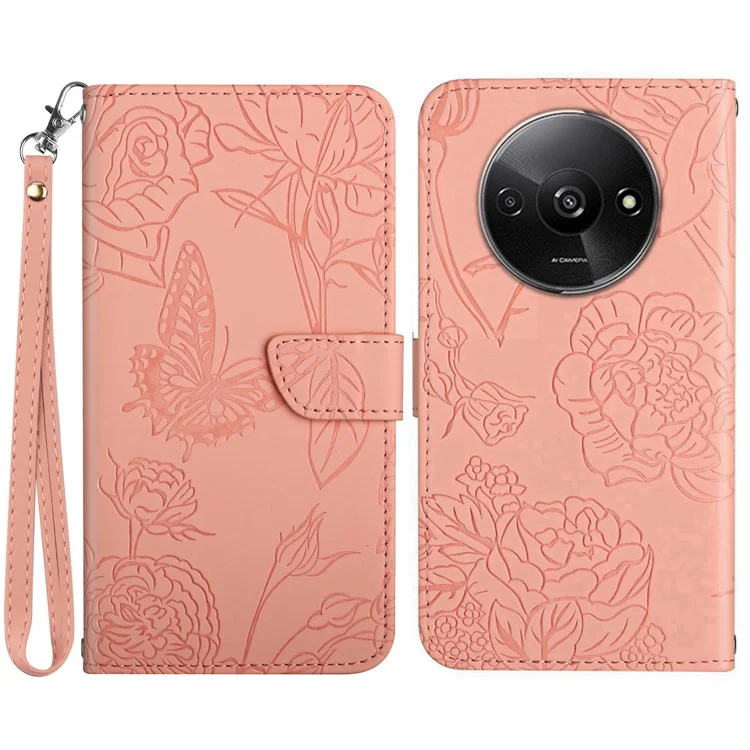 HT03 For Xiaomi Redmi A3 4G / Poco C61 4G Case Butterfly Flower Leather Flip Phone Cover with Hand Strap - Pink
