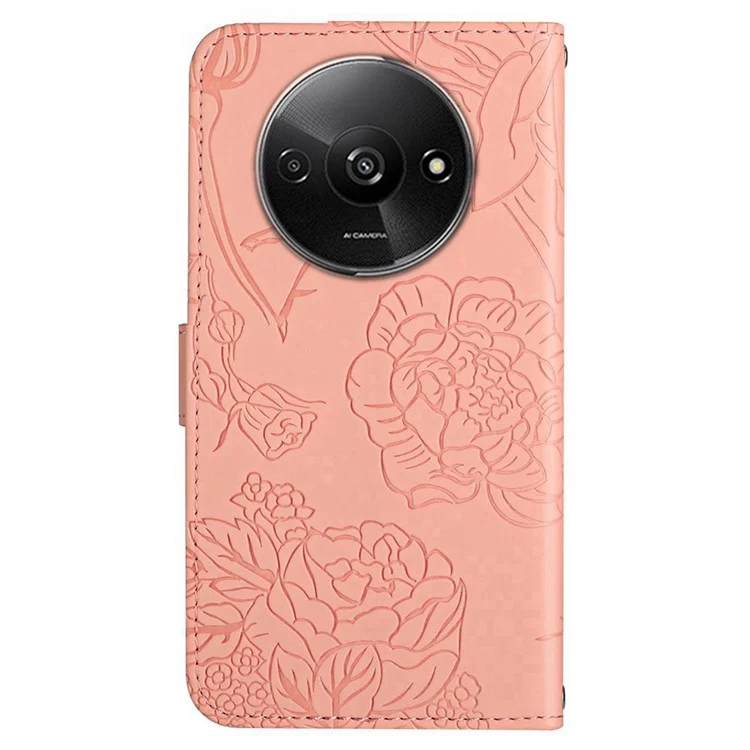 HT03 For Xiaomi Redmi A3 4G / Poco C61 4G Case Butterfly Flower Leather Flip Phone Cover with Hand Strap - Pink