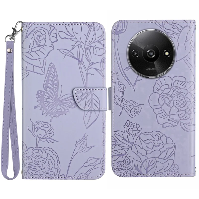 HT03 For Xiaomi Redmi A3 4G / Poco C61 4G Case Butterfly Flower Leather Flip Phone Cover with Hand Strap - Purple