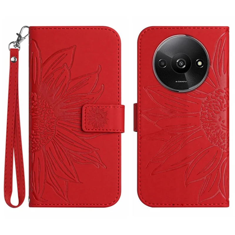 HT04 For Xiaomi Redmi A3 4G / Poco C61 4G Wallet Case Sunflower Handbag Flip Leather Phone Cover - Red