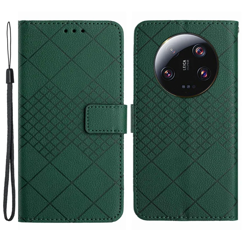 HT06 For Xiaomi 14 Ultra Magnetic Phone Case PU Leather Imprinting Rhombus Pattern Cover - Green