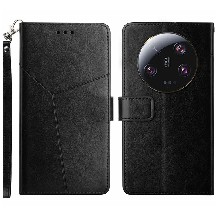 HT01 Para Xiaomi 14 Ultra Case Y-shaped Lines Flip Leather Phone Cover with Strap - Preto