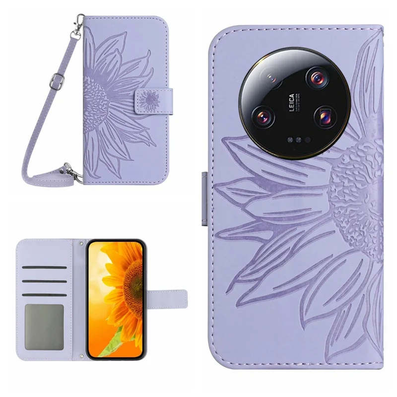 HT04 For Xiaomi 14 Ultra Case Sunflower Flip Leather Phone Cover with Shoulder Strap - Light Purple