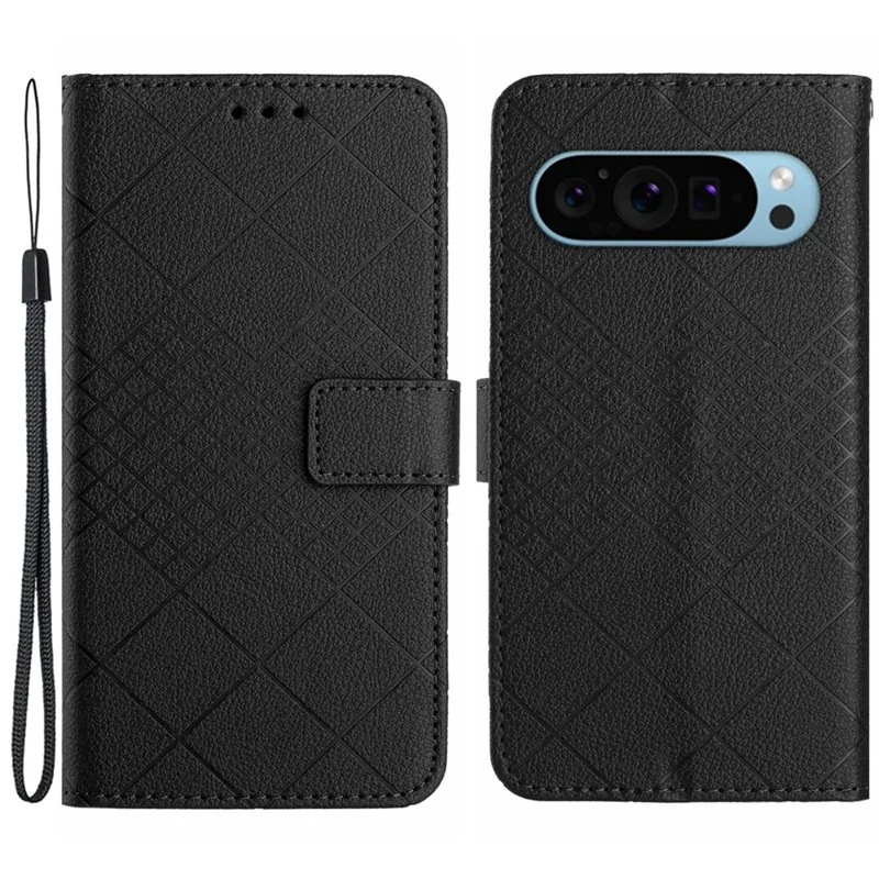 HT06 For Google Pixel 10 Pro XL / 9 Pro XL Case PU Leather Rhombus Pattern Wallet Phone Cover - Black