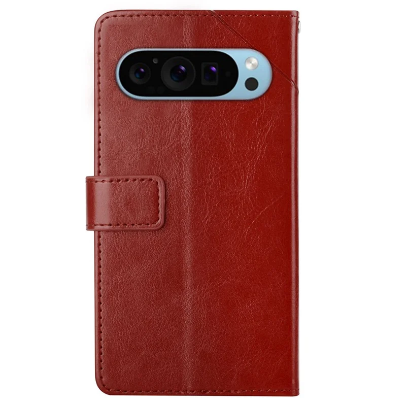 For Google Pixel 10 Pro XL / 9 Pro XL Case with Wrist Strap Y Shaped Lines Imprint Leather Phone Cover - Brown