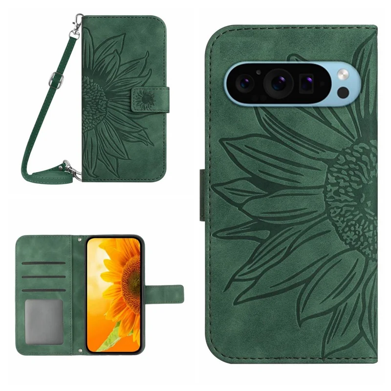 HT04 For Google Pixel 9 Pro XL Leather Case Crossbody Phone Cover with Wallet Stand - Dark Green