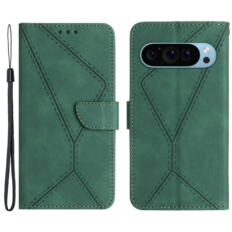 HT05 Funda para Google Pixel 9 / Pixel 9 Pro Funda de cuero sintético tipo billetera con tapa Diseño grabado con líneas - Verde