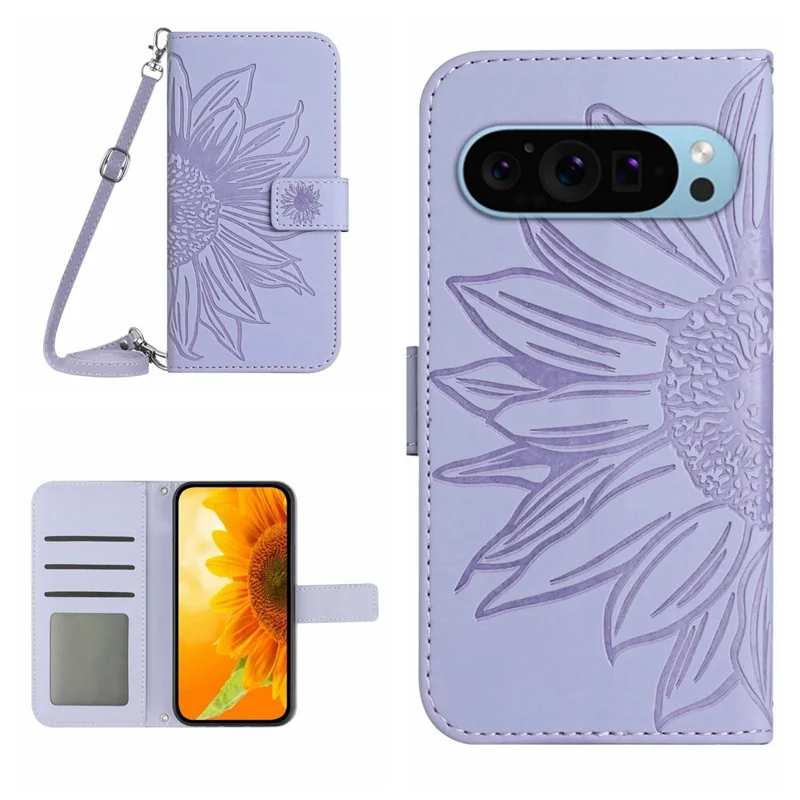 HT04 For Google Pixel 10 Pro / 10 / 9 / 9 Pro Case with Shoulder Strap Sunflower Wallet Phone Cover - Light Purple