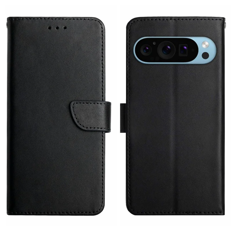 HT02 For Google Pixel 9 / Pixel 9 Pro Case Genuine Cow Leather Wallet Flip Phone Cover - Black