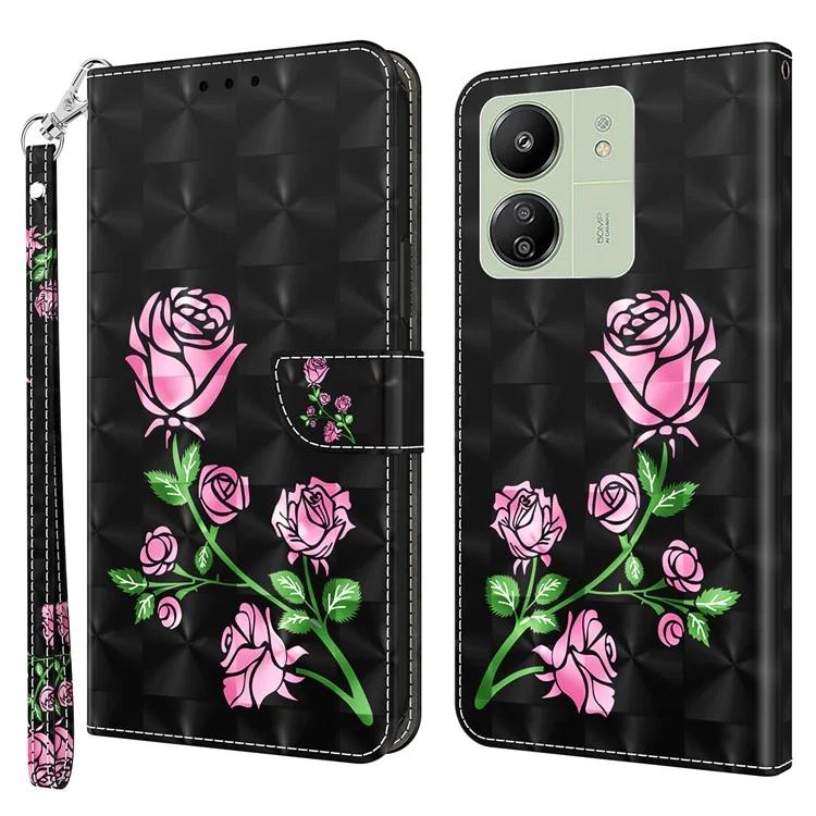 For Xiaomi Redmi 13C 4G / 13C 5G / Poco C65 4G / Poco M6 5G / 13R 5G Magnetic Phone Case 3D Pattern Printing Wallet Cover - Rose Flower
