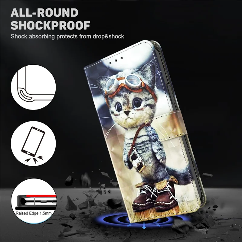 For Xiaomi Redmi 13C 4G / 13C 5G / Poco C65 4G / Poco M6 5G / 13R 5G Magnetic Phone Case 3D Pattern Printing Wallet Cover - Standing Cat