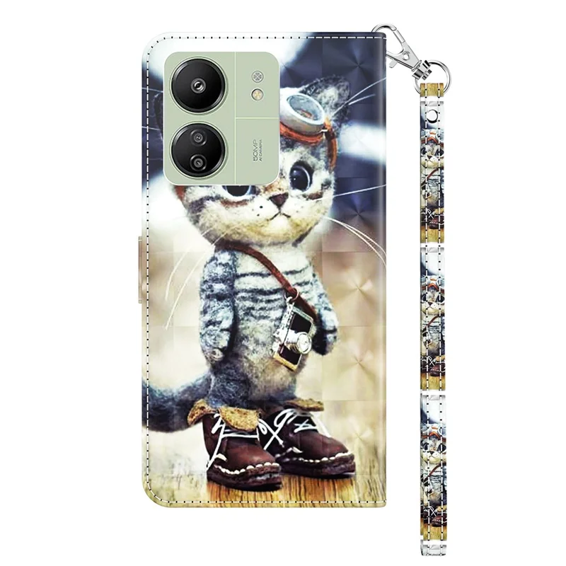 For Xiaomi Redmi 13C 4G / 13C 5G / Poco C65 4G / Poco M6 5G / 13R 5G Magnetic Phone Case 3D Pattern Printing Wallet Cover - Standing Cat