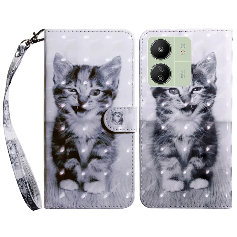 For Xiaomi Redmi 13C 4G / 13C 5G / Poco C65 4G / Poco M6 5G / 13R 5G Magnetic Phone Case 3D Pattern Printing Wallet Cover - Cat