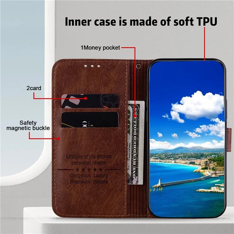 For Xiaomi Redmi Note 13 5G Case Solid Color Leather Folio Wallet Phone Cover - Brown