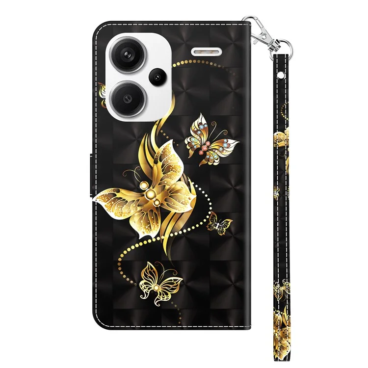 Para Xiaomi Redmi Note 13 Pro+ 5G Leather Case 3D Pattern Printing Phone Cover with Hand Strap - Golden Butterfly
