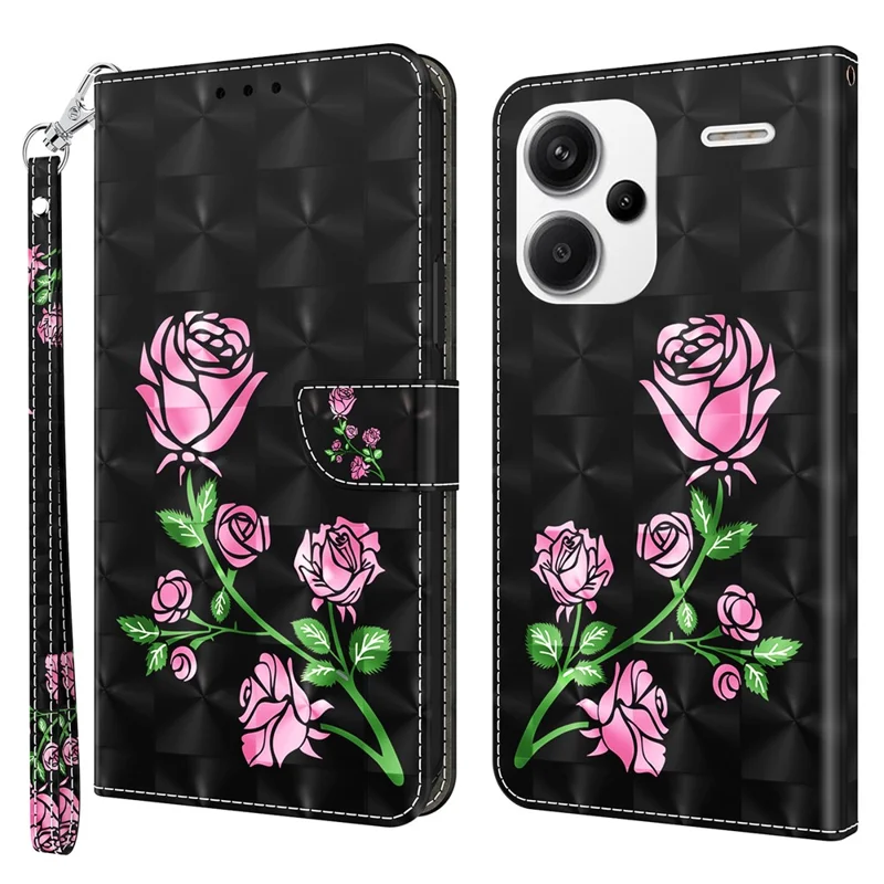 For Xiaomi Redmi Note 13 Pro+ 5G Leather Case 3D Pattern Printing Phone Cover with Hand Strap - Rose Flower